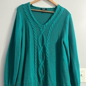 Chaps Women's Teal V-Neck Cable Knit Sweater